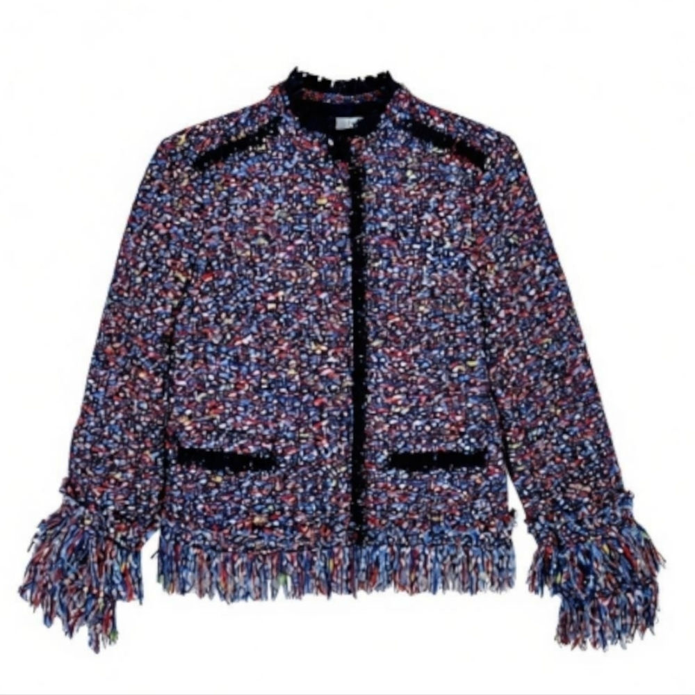 Ann Taylor Boucle Blazer Size XXS Multi Color Fringe Trim Snap Closure Pockets